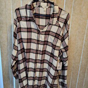 Terra and Sky Soft Plaid Flannel Size 1X - Cream with Red and Black Plaid - NWT